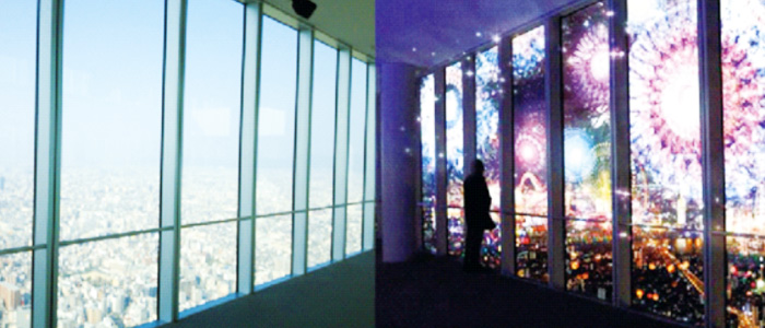 LALEIDO SCREEN を展望台窓ガラスに設置したイメージ